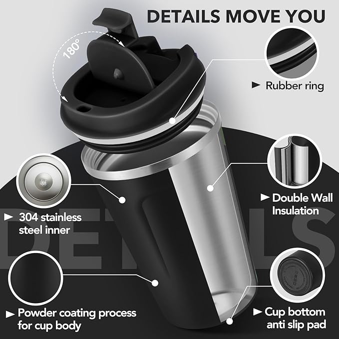 Volhoply 12 oz Double Wall Insulated Vacuum Travel Coffee Mug with Flip Lid,Reusable Stainless Steel Leak Proof Coffee Cup,Portable Iced Cafe Thermal Tumbler Suitable for Hot&Cold Drinks(Black,1 Set)