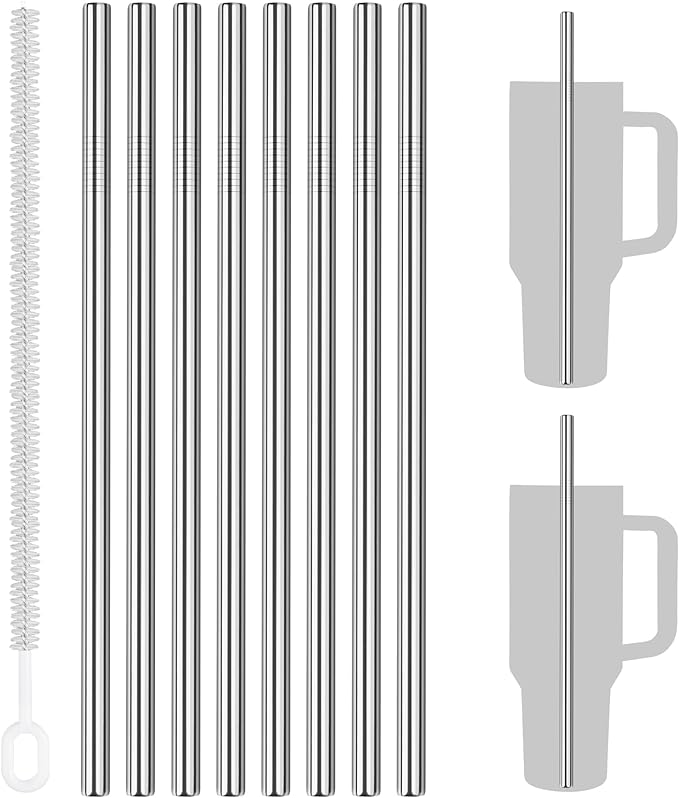 Tomorotec 8-Pack Stainless Steel Straws Fit for 40oz Stanley Tumblers, 12" Metal Straws for Stanley Cup with 1 Brush, Reusable Drinking Straws for Smoothies, Milkshakes, Dishwasher Safe & BPA-Free