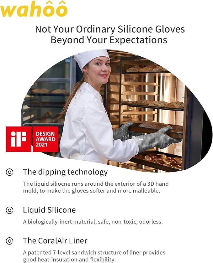 wahoo Liquid Silicone Smoker Oven Gloves, Food-Contact Grade, Heat Resistant Gloves for Cooking, Grilling, Baking, Grey, XL