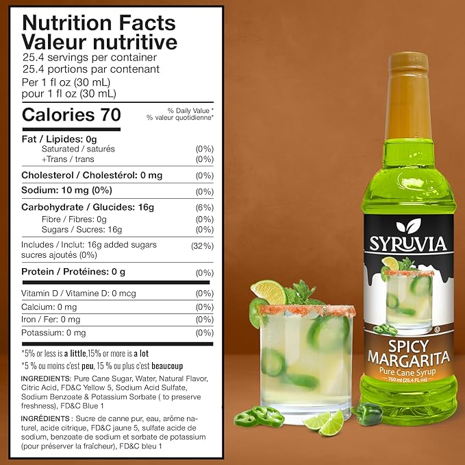 Syruvia Spicy Margarita Mix Syrup For Drinks 25.4 Oz. - Kosher & Gluten Free, No Coloring, Perfect for Drinks, Soda, Shakes, Desserts, and More.
