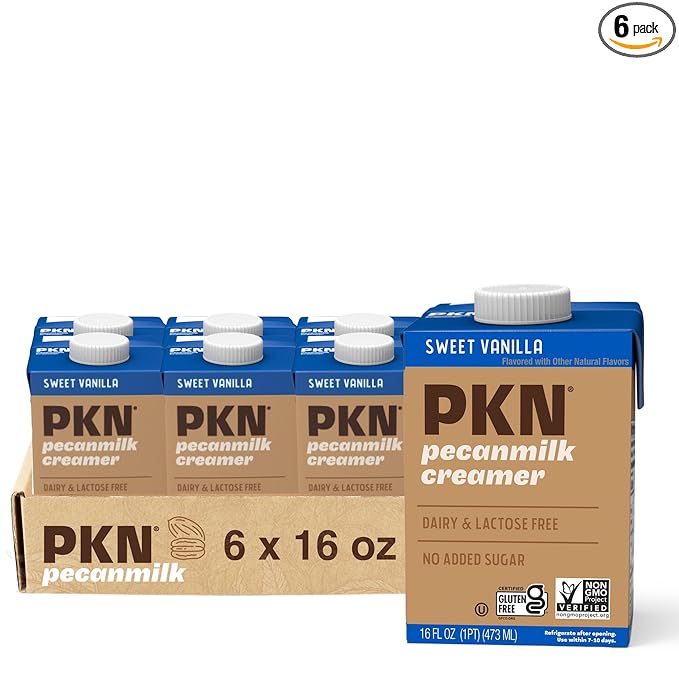 PKN Sweet Vanilla Pecan Milk Creamer, Plant-Based, Vegan, Dairy-Free, No Gums or Oils, Keto-Friendly, Barista-Approved, Shelf-Stable, 16oz Six-Pack
