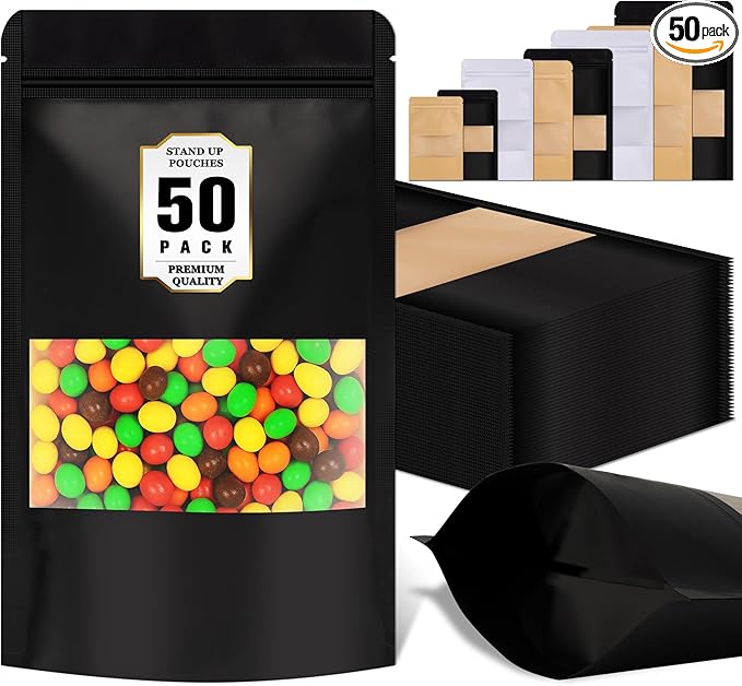 Jetmore-50pack-Smell-Proof-Bag, Zip Lock Pouches with Window, Resealable Bags for Small Business, Small Sealable Bags for Packaging Snack, Coffee, Spice, Candy, Trail Mix, Wax, Mylar Bags 3.5