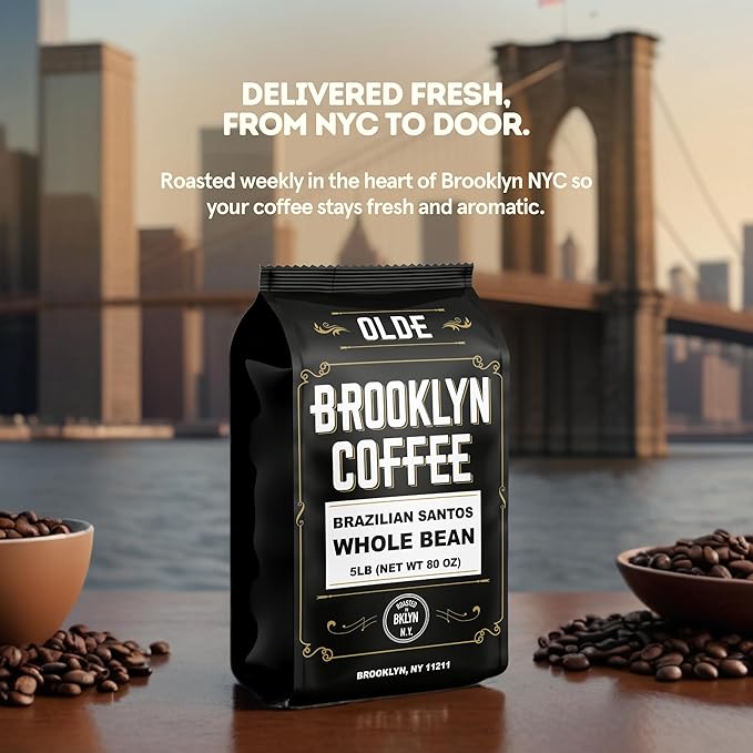 BROOKLYN COFFEE Whole Bean, Brazilian Santos Medium Roast (5lb) American, Breakfast, Classic - Fresh Bulk Coffee Beans Roasted Weekly in NYC