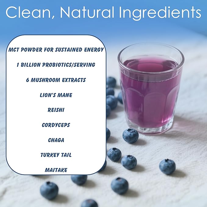 Mushroom Coffee Creamer, Blueberry Flavored, Probiotics, MCT Powder and 6 Mushrooms | Lion's Mane, Turkey Tail, Reishi, Maitake, Chaga, Cordyceps | Boosts Energy, Focus, Supports Immunity | Gluten-Free, Vegan, 6.35 Oz