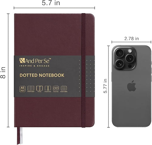 &And Per Se Dotted Journal Notebook, A5 Hardcover Leather Bullet Dotted Journal, 160 Pages 100 gsm Thick Paper，3 Sheets of Stickers Included - 5.7'' x 8''（Dark Red）