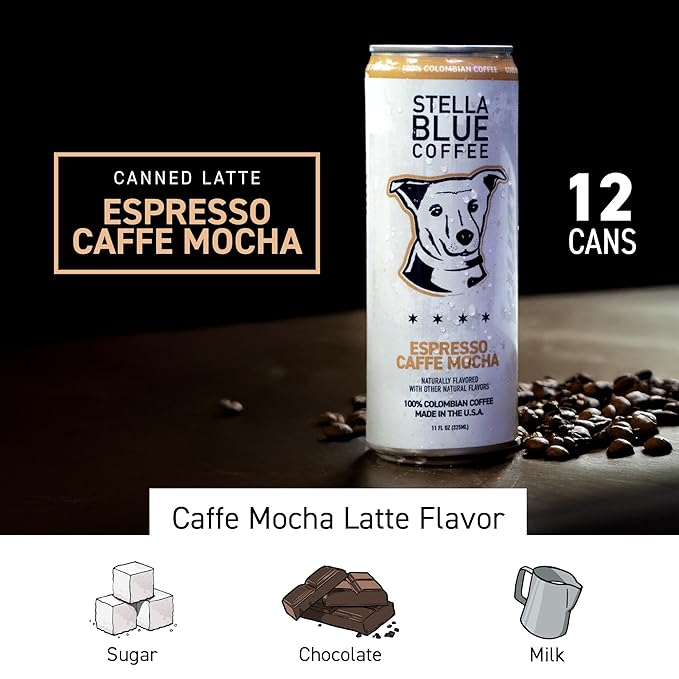 Stella Blue Espresso Caffe Mocha, 100% Colombian Coffee, 190mg Natural Caffeine, Good Source of Protein, Ready-to-Drink Coffee Energy Beverage, 11oz Can, 12 Pack