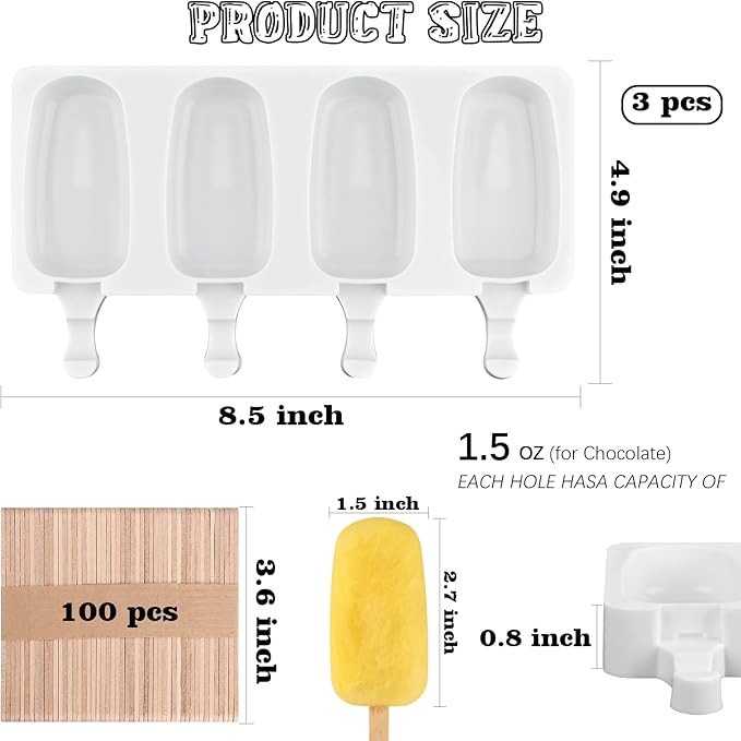Sakolla Small Popsicle Silicone Molds, 4 Cavities Homemade Ice Cream Molds with 100 Wooden Sticks for Ice Pop, Cakesicles, Cake Pop (Set of 3, White)