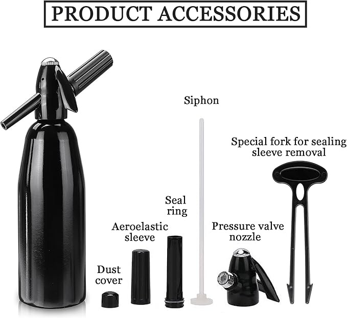 1L Portable Home Soda Maker – Aluminum Soda Siphon, Vintage Seltzer Bottle for DIY Homemade Carbonated Drinks, Sparkling Water Maker for Healthy Soda Water & Cocktails (Black)