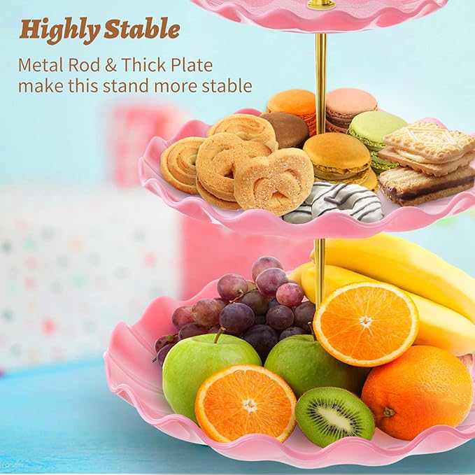 3 Tier Cupcake Stand Holder, BACUTHY Plastic Cup Cake Stand Tower with Tiered Serving Tray for Cupcakes, Donuts, Fruits and More, Pink