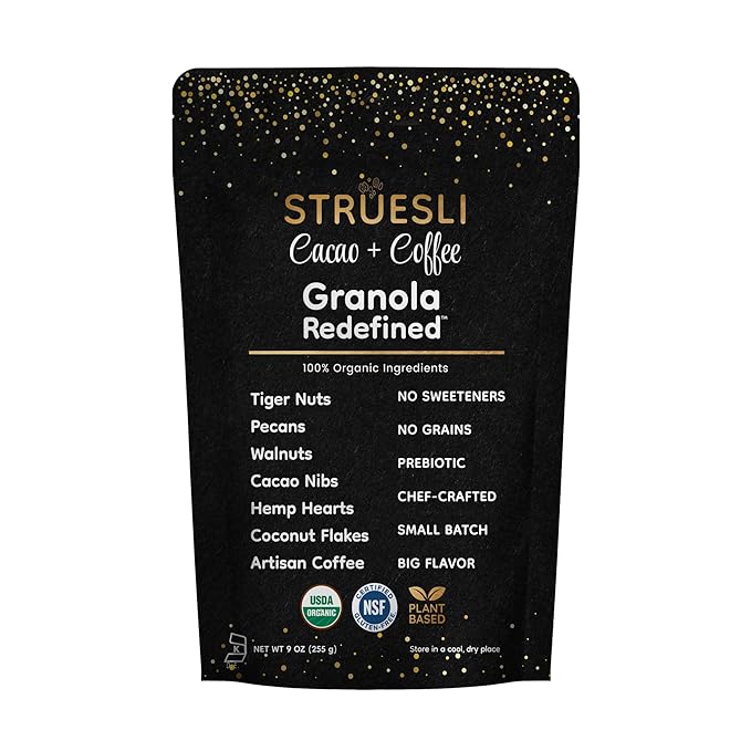 Struesli Cacao + Coffee Organic Granola, Grain & Gluten Free, Healthy Snacks with Cacao, Coffee, Tiger Nuts, Pecans, Walnuts, Hemp Hearts & Coconut Flakes, Plant Based, Keto & Paleo Friendly, 9 Oz