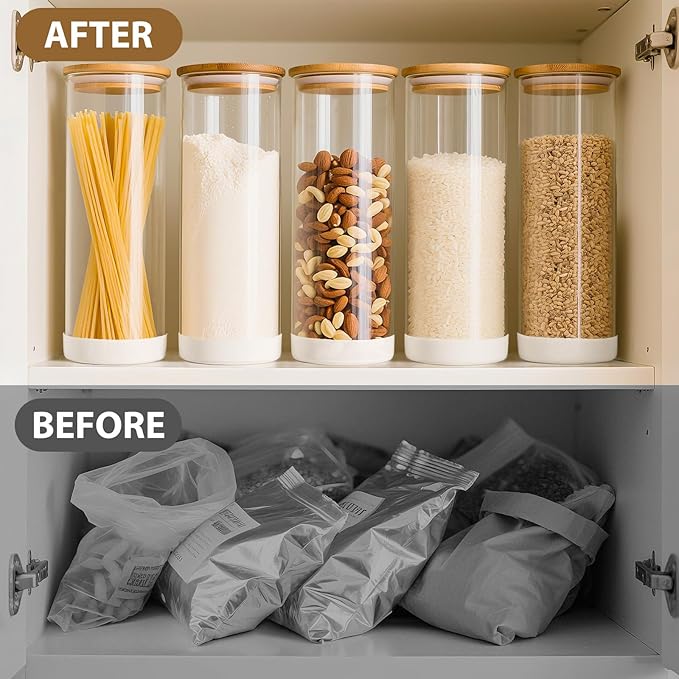 73oz Round Glass Storage Containers with Bamboo Lids – 3 Pack Large Airtight Clear Food Jars for Pantry Organization, Kitchen Dry Food, Flour, Pasta, Coffee Beans, Staples & Snacks