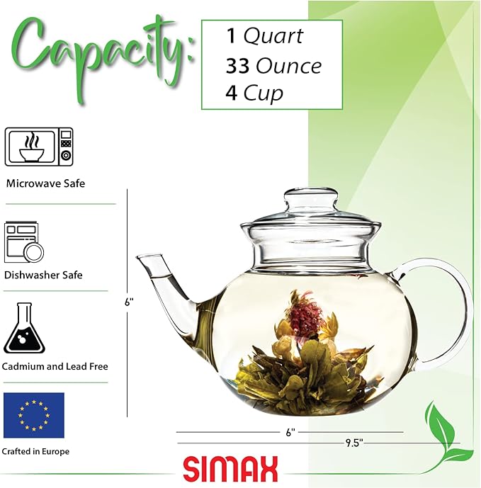 Simax Glassware 33 Ounce Glass Teapot | With Spout, Microwave and Stovetop Safe, Heat, Cold, and Thermal Shock Resistant Borosilicate Glass, Makes a Stunning Presentation…