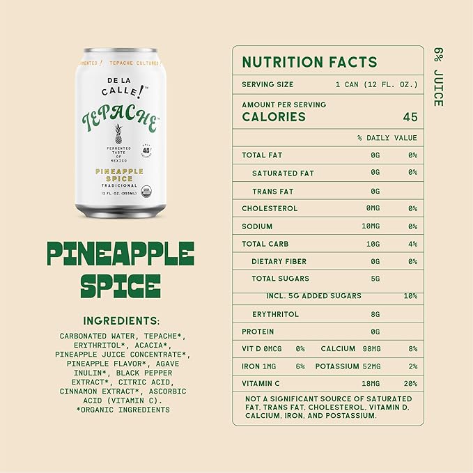 De La Calle Tepache - Pineapple Spice - Modern Mexican Soda - Craft Fermented Pineapple Sparkling Beverage - Certified Organic, Antioxidant Rich, Non-Alcoholic, Healthy Soda, Low Sugar, Low Calorie, Non-GMO