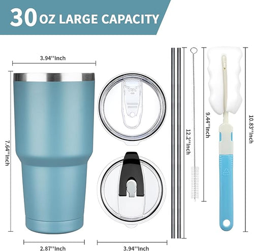 30 oz Tumbler with Lids and Straws, Stainless Steel Insulated Coffee Tumbler, Double Wall Vacuum Insulated Travel Mug Cup, Leakproof Thermal Coffee Cup for Hot and Cold Drinks (Azure Blue)