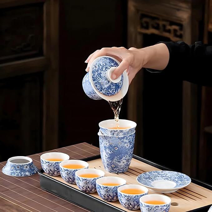 ICHAG Chinese Tea Set, Gongfu Tea Sets for Adults, Asian Gaiwan Teaset, 14-Piece Yangzhi Jade (羊脂玉茶具) with Suspended Gaiwan & Tea Pet, Portable Travel Teaset for Home, Outdoor, Office Gifts