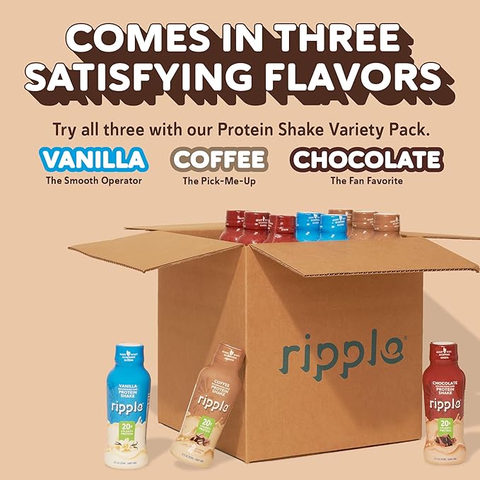 Ripple Coffee Plant Based Protein Shake | 20g of Quality Sourced Pea Protein, 100mg Caffeine, Calcium | Shelf Stable | Vegan & Non GMO | Dairy, Soy, Nut, & Gluten Free | 12 Fl Oz Bottles (Pack of 12)