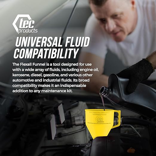 FlexAll Long Flexible Funnel for Automotive Use - Durable Nitrile Rubber - Ideal for Car Oil Change, Transmission Funnel Fluid, Diesel, Fuel, Gas - Made in USA - Yellow (16 x 5 Inches)