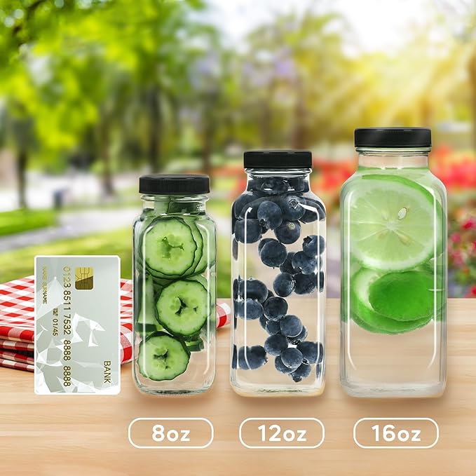 STARSIDE 8 oz Glass Juice Bottles with Lids 6 Pack - Square Reusable Drinking Jars for Juicing, Milk, Kombucha - Includes 1 Bottle Brush, 6 Colored Labels