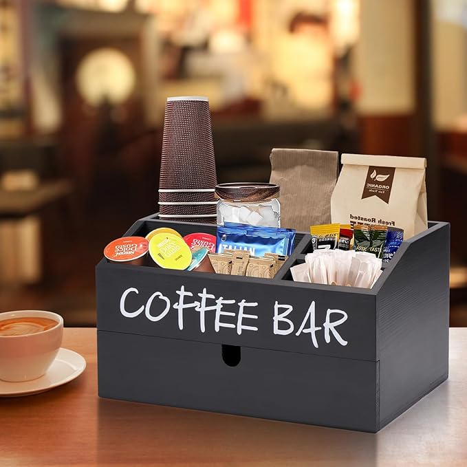 Coffee Station Organizer, Wood Coffee Bar Accessory with Drawer, K Cup Condiment Organizer & Pod Holder (30x20x16cm) - Black