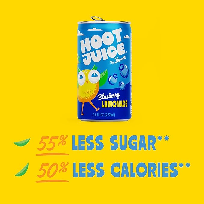 Hoot Juice Blueberry Lemonade By Lemonati, No Artificial Sweeteners or Flavors, Gluten-Free, Kosher, Non-GMO, Vegan, 7.5 Fl Oz Mini-Cans, Pack Of 24, Blueberry Lemonade