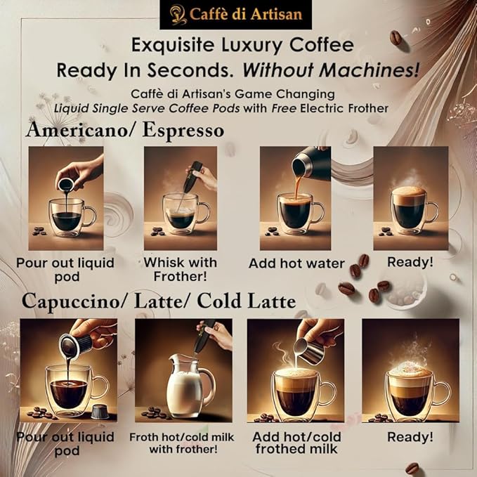 Caffè di Artisan Liquid Coffee Pods – Premium Single-Serve Coffee for Cold Brew concentrate, Iced Coffee & Hot Coffees – Machine-Free, Eco-Friendly, Ready in Seconds. Rich; Asmara with Frother; Arabica; Medium Roast – 24 Count