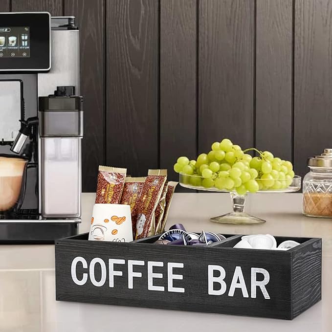 ELLDOO Coffee Bar Wooden Storage Box with Removable Grids, Station Organizer Pod Holder, Rustic Coffee Accessories for Counter, Farmhouse Kitchen, Black
