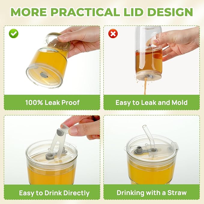 4 Pack 13 Oz Glass Cups with Lids and Straws Glass Iced Coffee Cups with Lids Vintage Glass Tumbler for Beer Ice Coffee Fruit Juice Elegant Aesthetic Cup Glassware Include 1 Cleaning Brushes