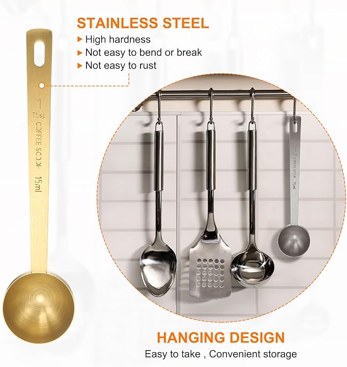 HARFINGTON 2pcs Coffee Scoop Spoon 1tbsp (3tsp, 15ml) 304 Stainless Steel Long Handle Teaspoon/Tablespoon Measuring Spoons Scoops for Tea Sugar Kitchen, Gold