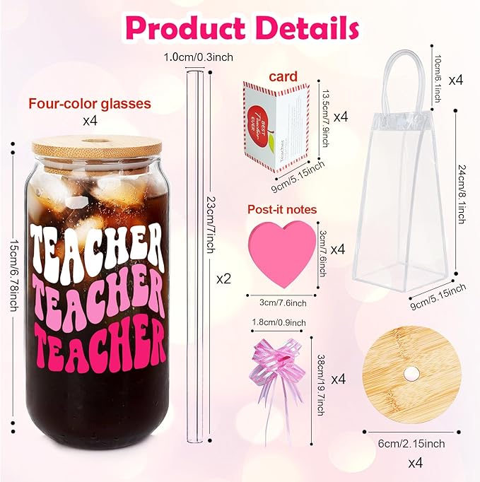Teacher Appreciation Gifts - 4Pack End of Year Teacher Gifts for Women Men, 18oz Teachers Glass Cup with Bamboo Lid and Straw Glass Coffee Cups Unique Thank You Teachers Tumbler Mug Gift from Students