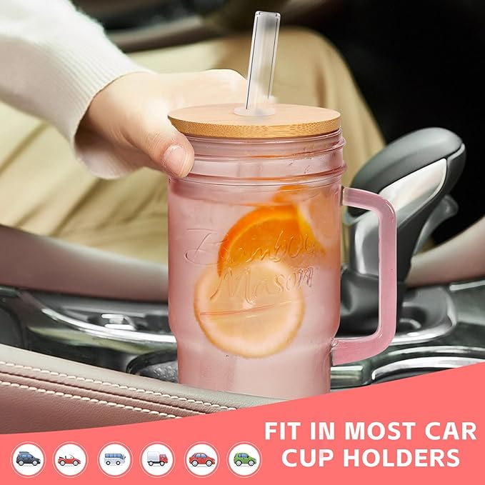 ANOTION Colored Glass Cups with Handle Set of 4, 24oz Glass Cups with Lids and Straws Travel Coffee Mug Bamboo Mason Jar Iced Cup Smoothie Tea Clear Cute Water Drinking Jars Glasses