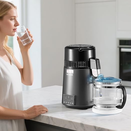 VEVOR Water Distiller, 4L /1.1 Gallon Pure Water Distilled for Home Table Countertop, 750W Distilling Maker with Glass Carafe, Stainless Steel Interior Drinking Machine to Make Clean Waters, Grey