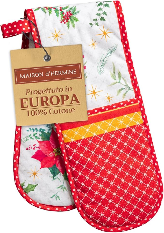 Maison d' Hermine Double Oven Mitts 100% Cotton 7"x35" Double Oven Mitt Heat Resistant BBQ Cooking Gloves with Loop, Baking, Grilling, Home, Kitchen, Handling Hot Pans (Poinsettia Christmas)