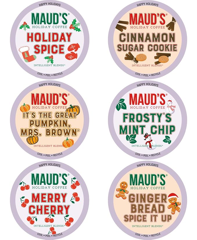 Maud's Holiday Blend Coffee Pods Variety Pack, 42 ct, 6 Assorted Flavors, Medium Roast Coffee in Recyclable Single Serve Pods – 100% Arabica Coffee, Compatible with Keurig K Cups Maker
