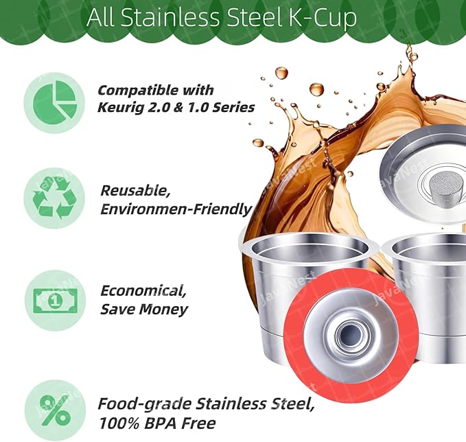 6 Pack Reusable K Cups for Keurig 2.0 & 1.0, 100% Stainless Steel Refillable Coffee Pods – BPA-Free, Ultra-Fine Mesh for Rich Flavor – Includes Scoop & 6 Seals – Eco-Friendly, Gift-Ready