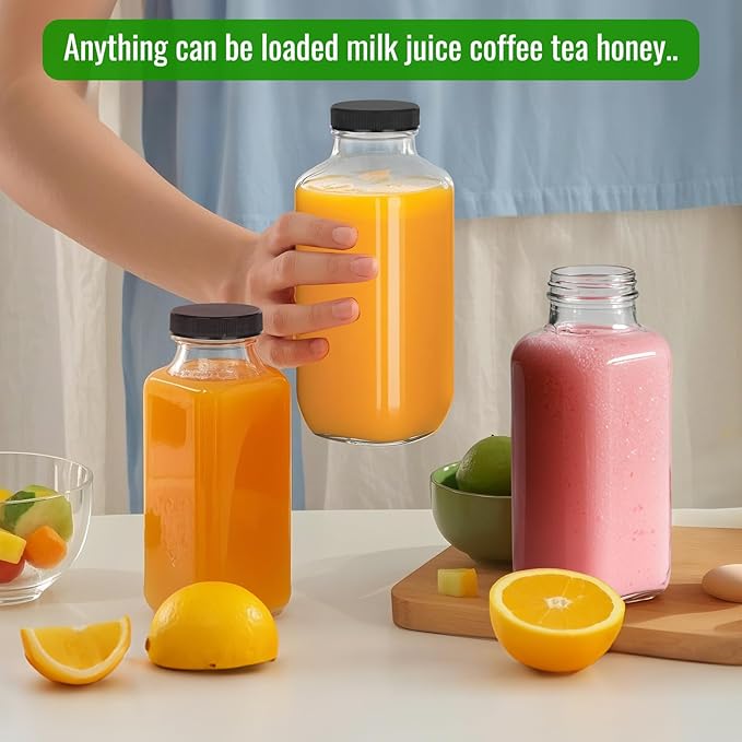 BIGIVACA 8 oz Glass Juice Bottles with Lids,6 PACK Bottles for Juicing,Square Drinking Jars Glass for Coffee,Cola,Milk,Tea in Travel,Work,School