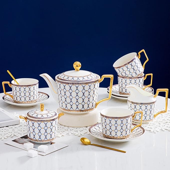 CwlwGO-15 Pieces Porcelain Tea Service Set for 4, Bone China Coffee Tea Sets,Tea Cup Set with Teapot, Sugar Bowl, Creamer Pitcher And Gifts Box, Britain Tea Cups and Saucer Sets For Women,Adults.