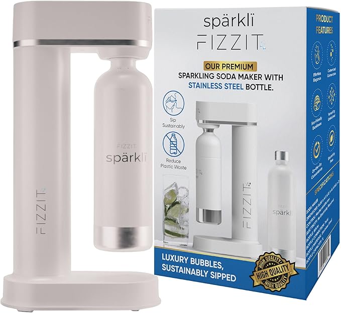 White Stainless Steel Sparkling Water Maker with 2 CO2 Cylinders & 1L Reusable Stainless Steel Bottle For Soda Makers