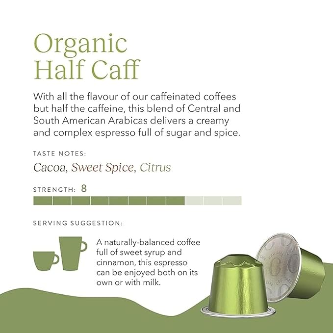 Cru Kafe USDA Organic Half Caff Espresso Coffee Capsules (50 Pods) Fairtrade Coffee Pods Compatible with Nespresso Original Line and Pixie Machines