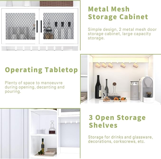 67.3" Tall Modern Kitchen Pantry Storage Cabinet with Drawer and Shelves, Tilt Out Trash Can, Coffee Bar Wine Cabinet with LED Lights and Power Outlet, Wine Glass Rack, 2 Mesh Doors (White)