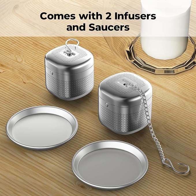 Reinmoson 2 Pack Tea Balls for Loose Tea, 304 Stainless Steel Extra Fine Mesh Tea Infusers for Loose Tea, Retractable Chain Design Tea Strainers for Loose Leaf Tea Single Cup, Come with 2 Drip Trays