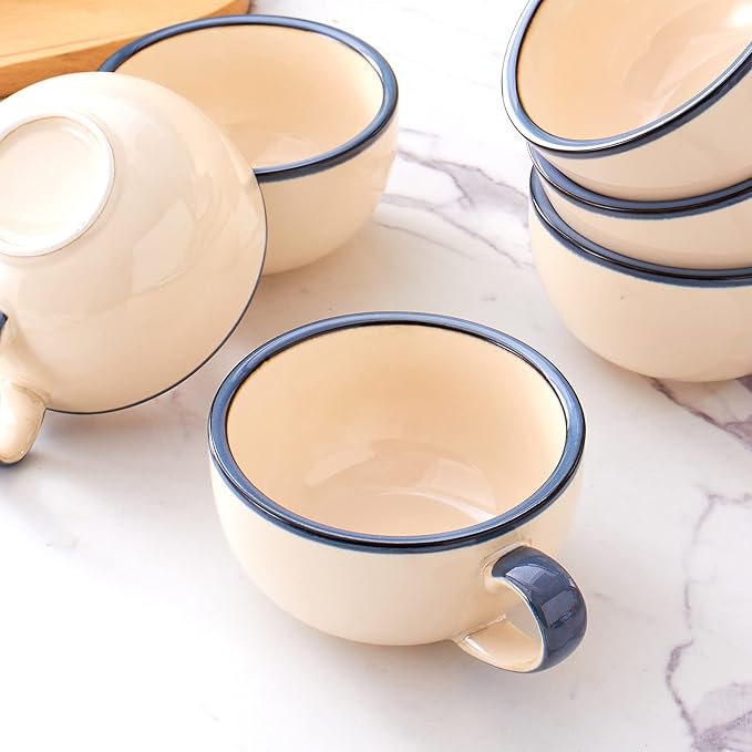 Set of 6 Cups Vintage Design 12 oz Professional Barista Ceramic Latte Art Cappuccino Cups Set (Beige * 6)