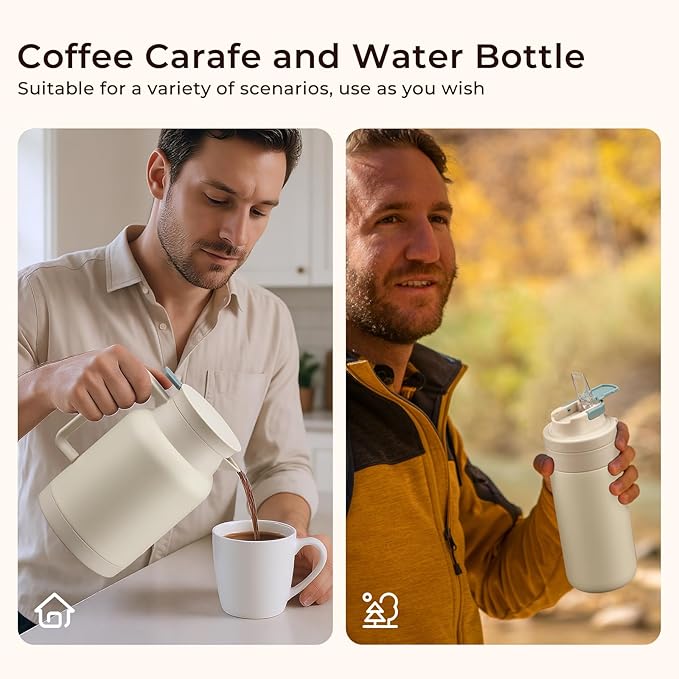 2 Pack 49oz Thermal Coffee Carafe and 15oz Insulated Water Bottle, Stainless Steel Vacuum Thermal Carafes and Water Bottle for Keeping Coffee, Tea, Water - Keep 12 Hours Hot, 24 Hours Cold