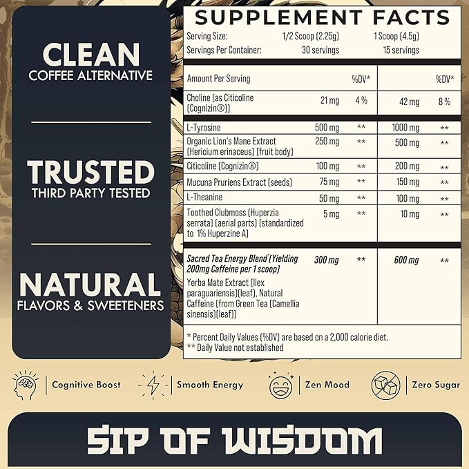 Yerba Mate Brain Tea Powder for Men - Daily Nootropic Drink for Clean Energy, Focus & Mood Support | Powered by Citicoline, L-Theanine, L-Tyrosine & Lion’s Mane | Wisdom Tea - Sweet Tea - 30 Servings