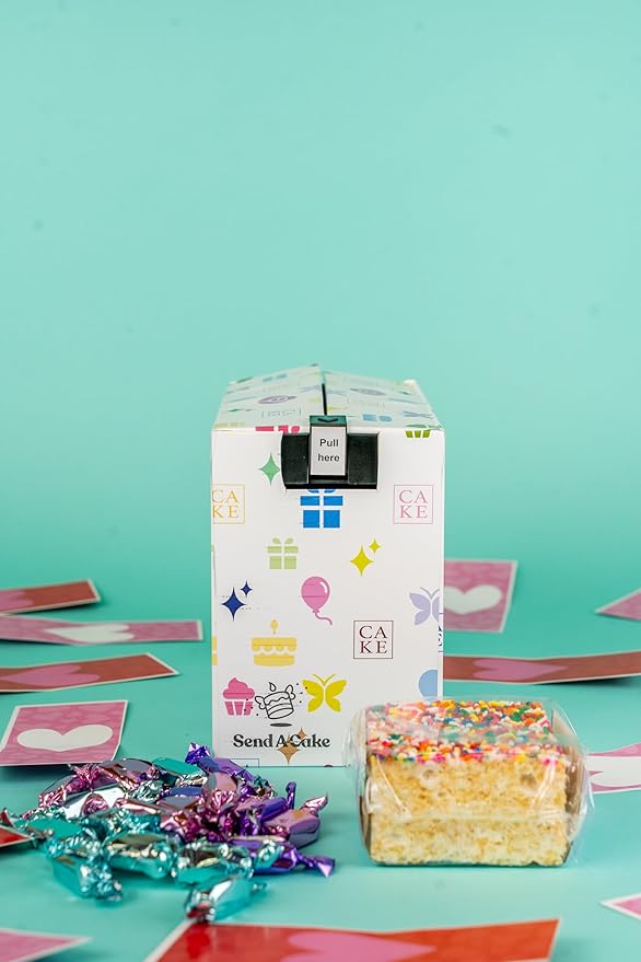 Celebration Love Shower Gift Box by Send A Cake Music Gift with 20 Foil-Wrapped Caramels & 3" Rainbow Sprinkle Crispy Cake – Ready-to-Gift, No Assembly, Birthday, Anniversary, or Celebration Gift for Women, Men & Kids