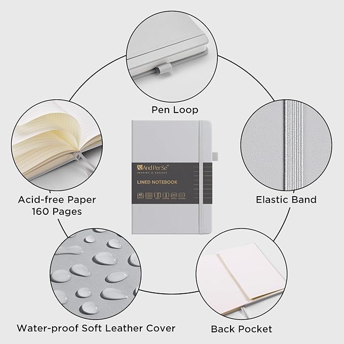 &And Per Se Lined Journal Notebook, 160 Pages, A5 5.7 x 8 inches College Ruled Thick Paper Notebook Journals for Writing, Hardcover Notebooks for Women Men Office School (1 Pack, Grey)