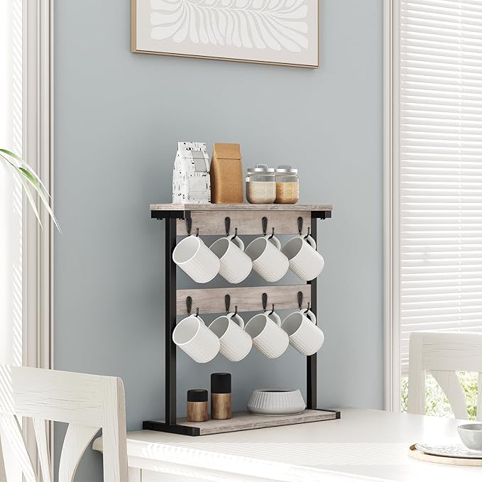 Coffee Mug Holder for Counter, 2 Tier Mug Tree Rack, with 8 Hook and 2 Open Shelves, Vintage Mug Holder Stand for Home Kitchen, Greige MH43BG