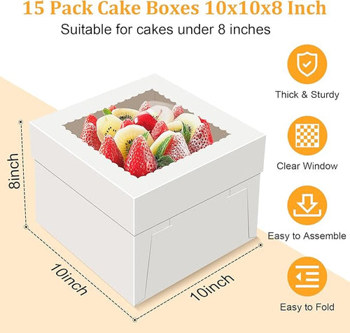 15 PCS Cake Boxes 10 Inch, 10x10x8 Tall Cake Box, 10 Inch Cake Box with Window, White Bakery Boxes, Large Baking Boxes, Cajas Para Pasteles, 10x10 Cake Boxes for Birthday, Wedding, Party, Business