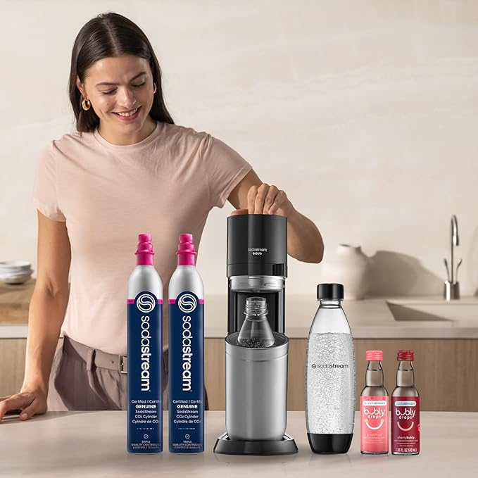 SodaStream E-Duo Sparkling Water Maker Bundle (Black) with CO2, Carbonating Bottle, (1) 1L Glass Bottle and 2x Bubly Drop Flavors