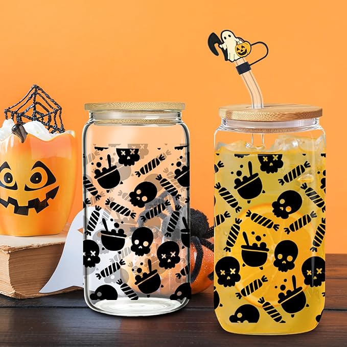 Skull Shaped Tumbler - 16oz Black Gothic Glass with Lid and Straw, Dark Aesthetic Iced Coffee Cup, Birthday and Gothic Horror Theme Gift