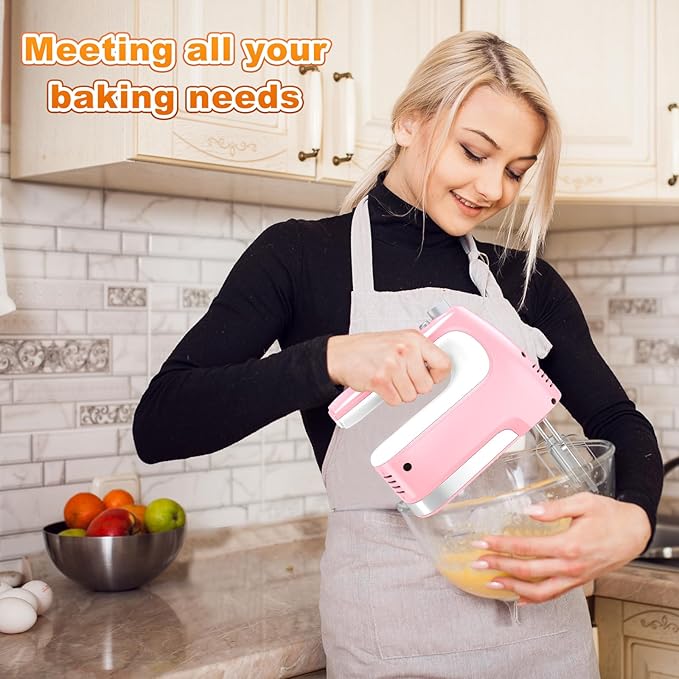 Hand Mixer Electric, 5-Speed Powerful 400W Motor, Hand Mixer Electric Handheld, Handheld Mixer with Turbo Boost & Storage Case, 2x Flat Beaters, 2x Dough Hooks, 1x Whisk for Baking (Pink)